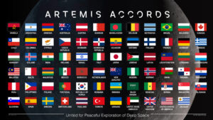 Flags of the Artemis Accords signatory nations displayed against the Moon.